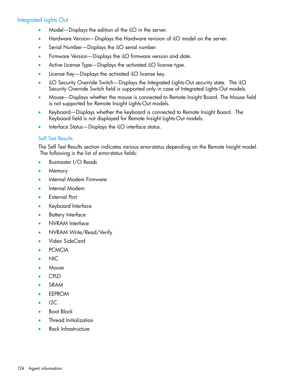 Integrated lights out, Self test results | HP Insight Management Agents User Manual | Page 124 / 175