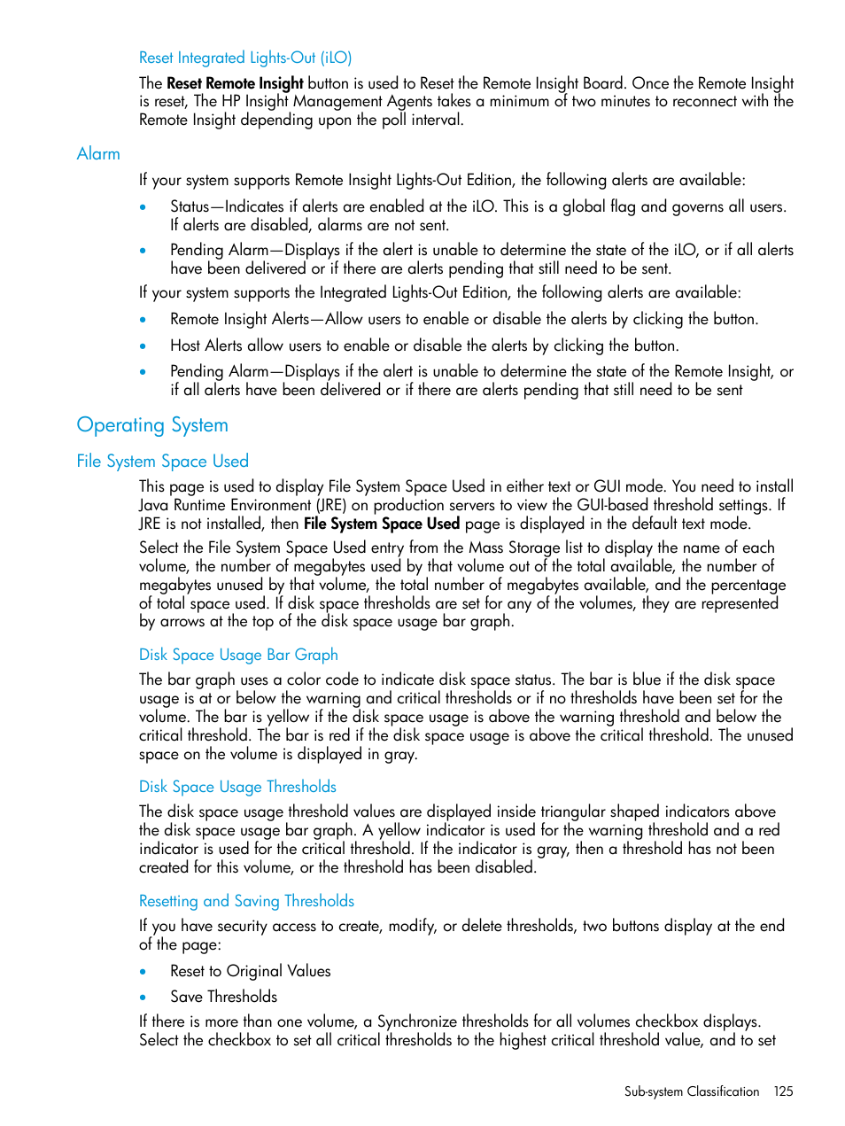 Reset integrated lights-out (ilo), Alarm, Operating system | File system space used, Disk space usage bar graph, Disk space usage thresholds, Resetting and saving thresholds | HP Insight Management Agents User Manual | Page 125 / 175