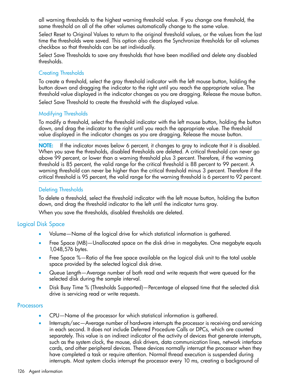 Creating thresholds, Modifying thresholds, Deleting thresholds | Logical disk space, Processors, Logical disk space processors | HP Insight Management Agents User Manual | Page 126 / 175