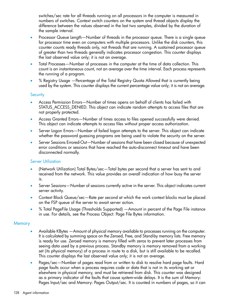 Security, Server utilization, Memory | Security server utilization | HP Insight Management Agents User Manual | Page 128 / 175