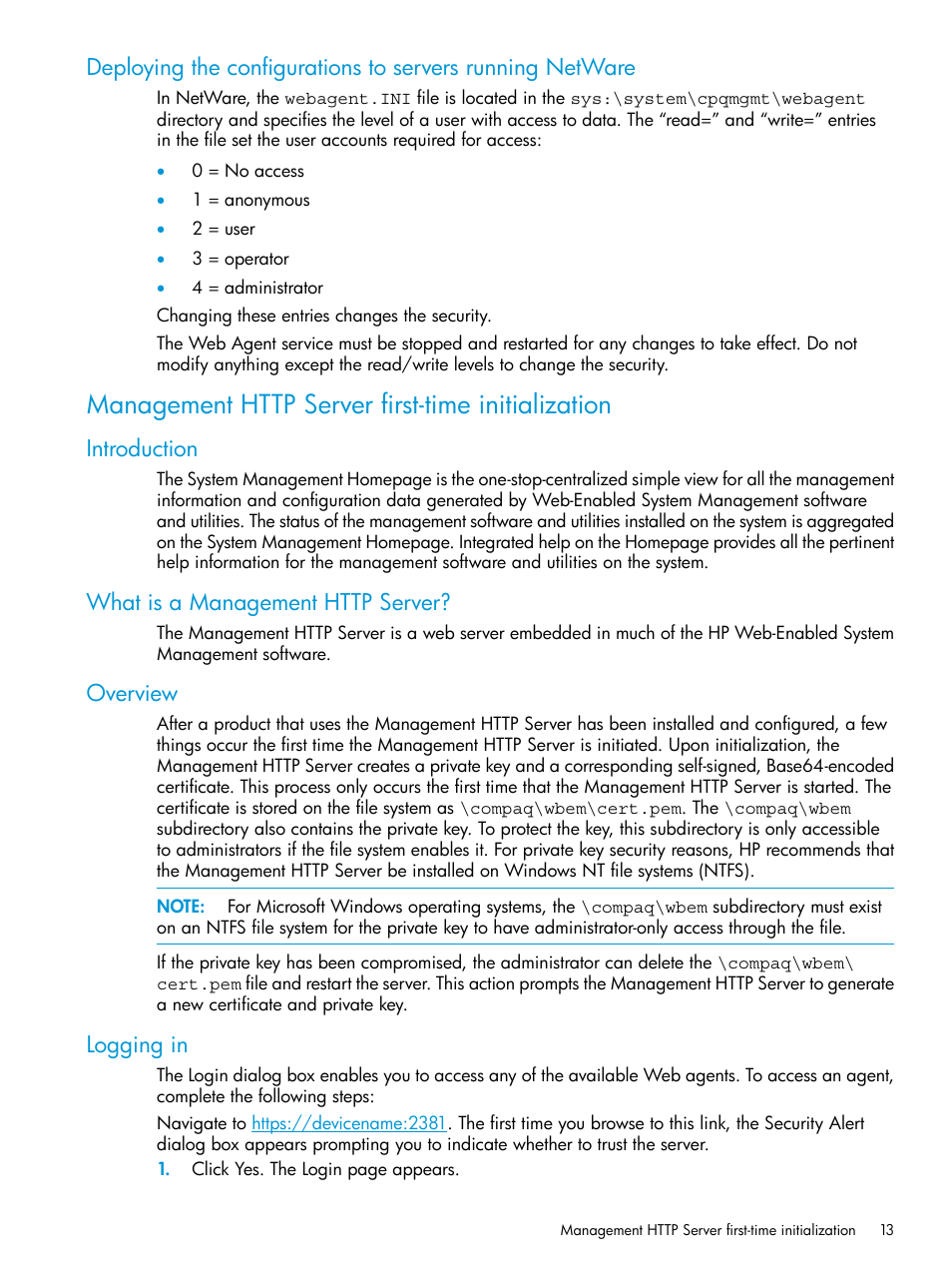 Management http server first-time initialization, Introduction, What is a management http server | Overview, Logging in | HP Insight Management Agents User Manual | Page 13 / 175