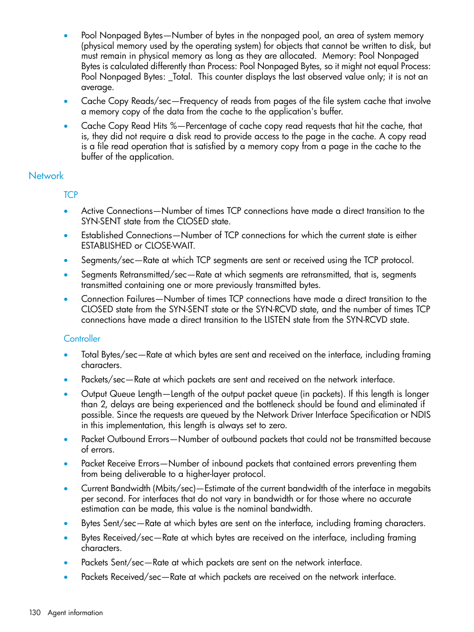 Network, Controller, Tcp controller | HP Insight Management Agents User Manual | Page 130 / 175