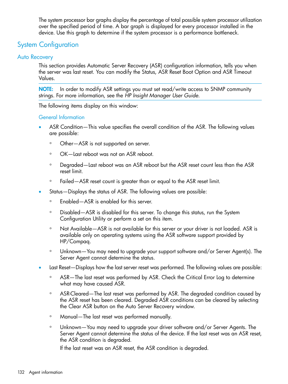 System configuration, Auto recovery, General information | HP Insight Management Agents User Manual | Page 132 / 175