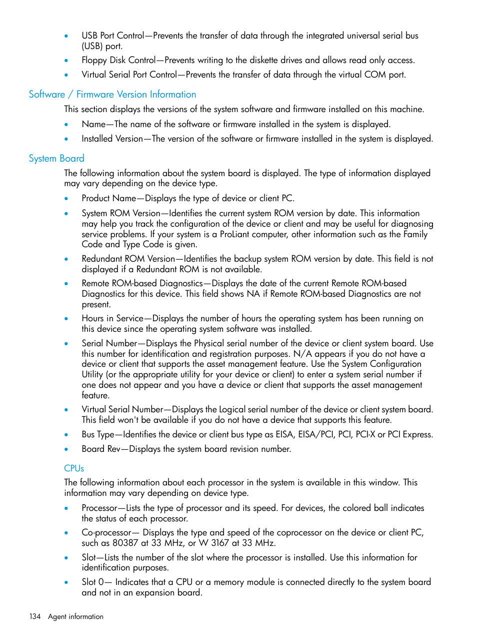 Software / firmware version information, System board, Cpus | HP Insight Management Agents User Manual | Page 134 / 175