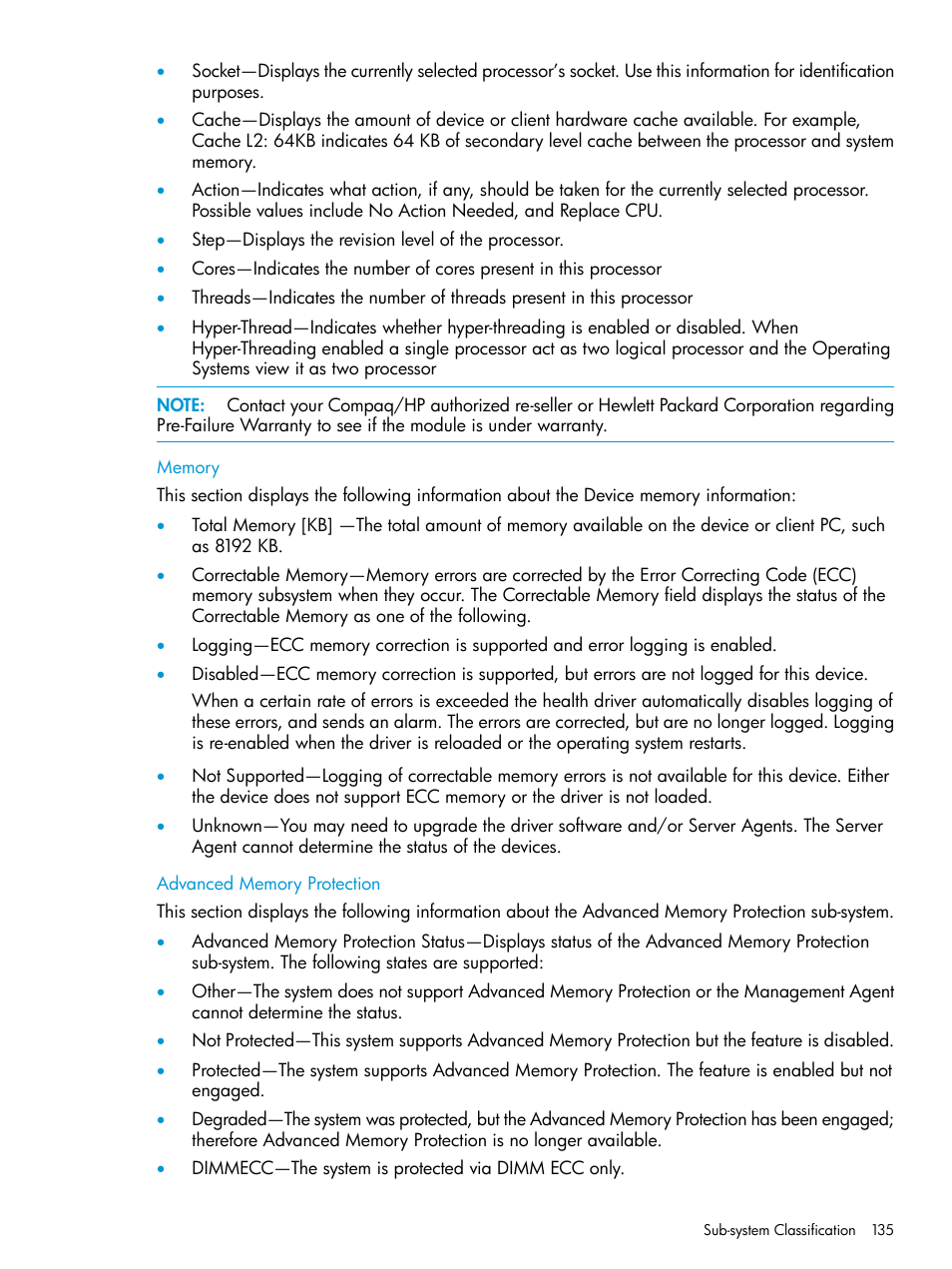 Memory, Advanced memory protection, Memory advanced memory protection | HP Insight Management Agents User Manual | Page 135 / 175