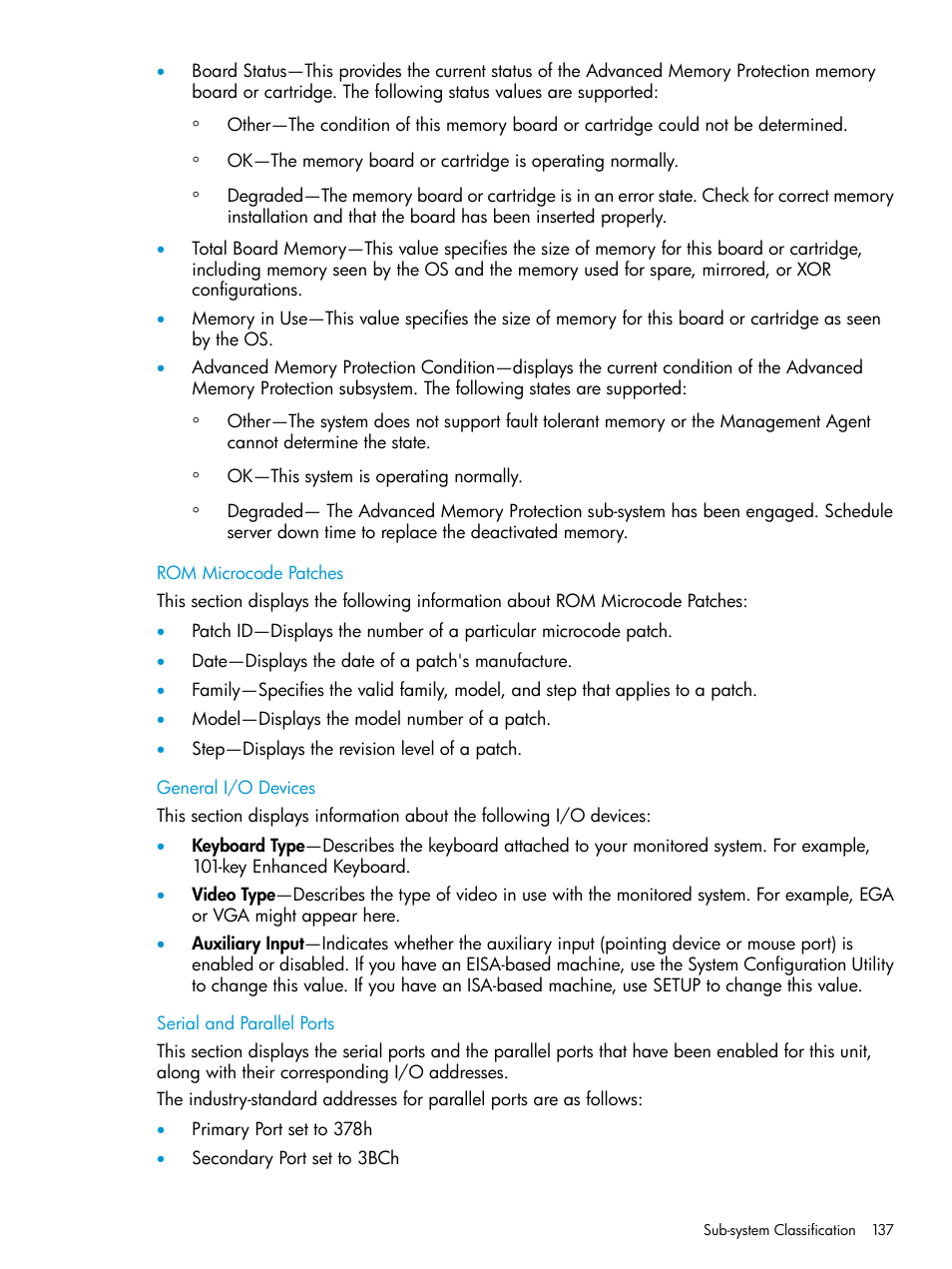 Rom microcode patches, General i/o devices, Serial and parallel ports | Rom microcode patches general i/o devices | HP Insight Management Agents User Manual | Page 137 / 175