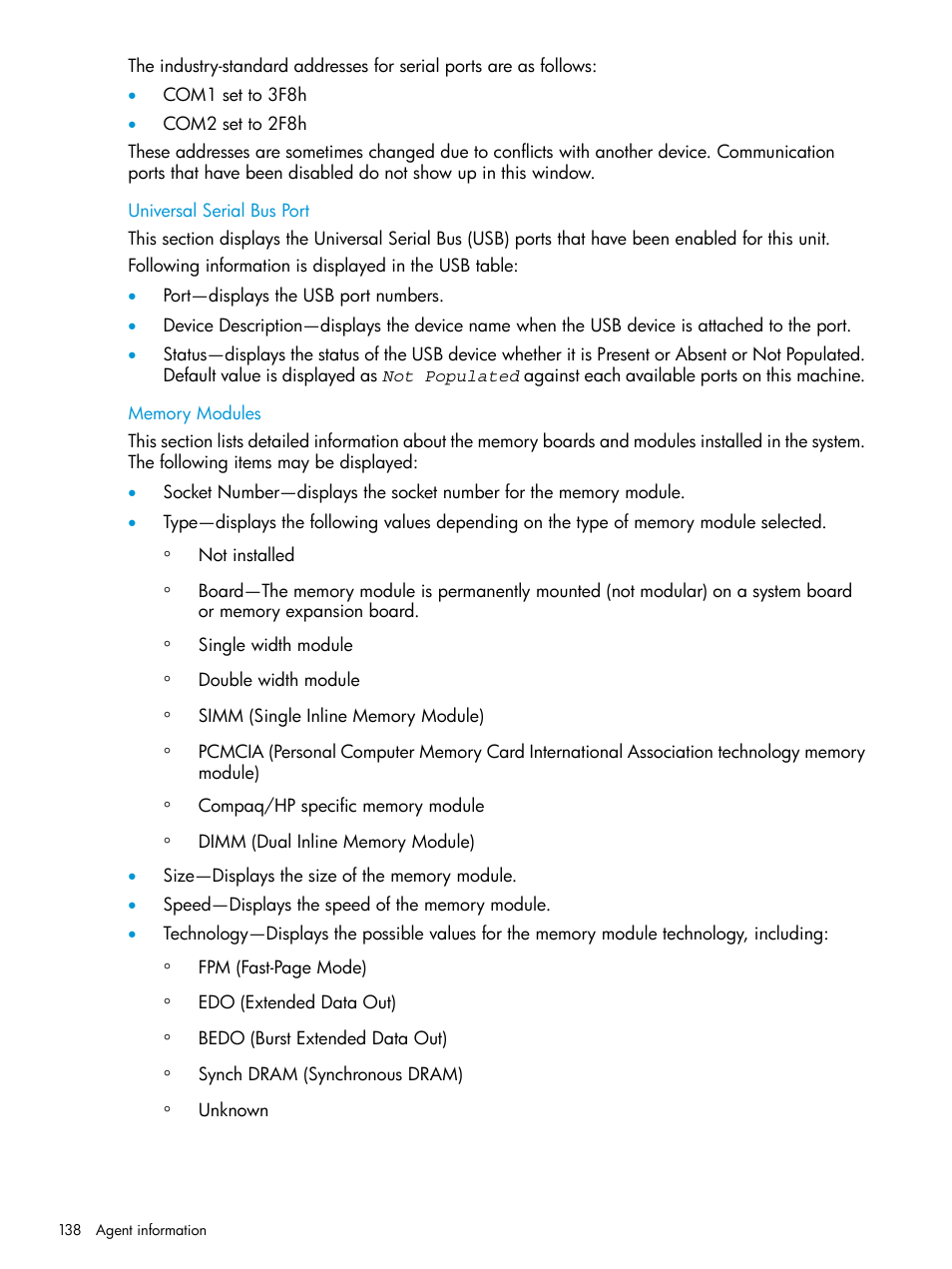 Universal serial bus port, Memory modules, Universal serial bus port memory modules | HP Insight Management Agents User Manual | Page 138 / 175