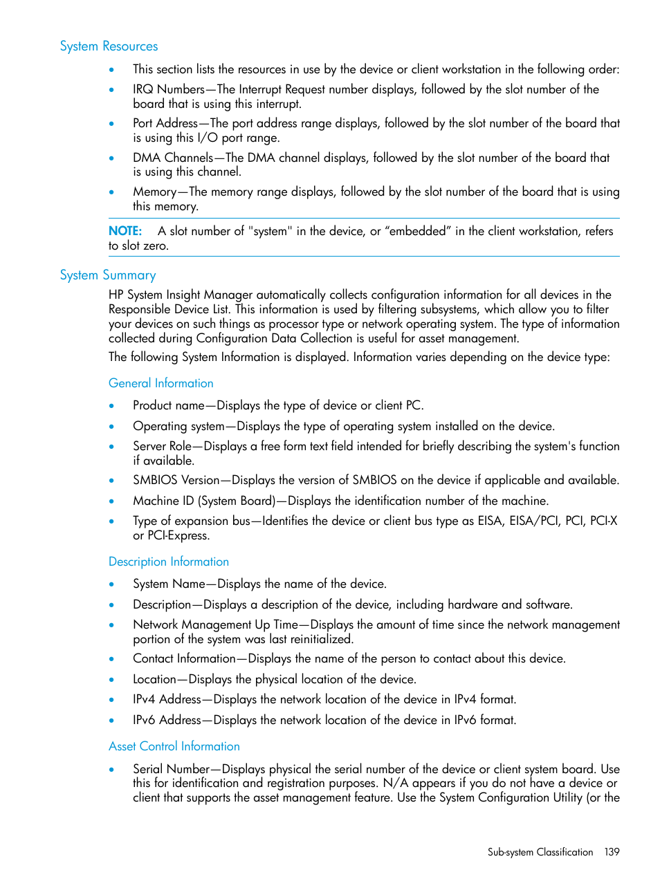 System resources, System summary, General information | Description information, Asset control information, System resources system summary | HP Insight Management Agents User Manual | Page 139 / 175