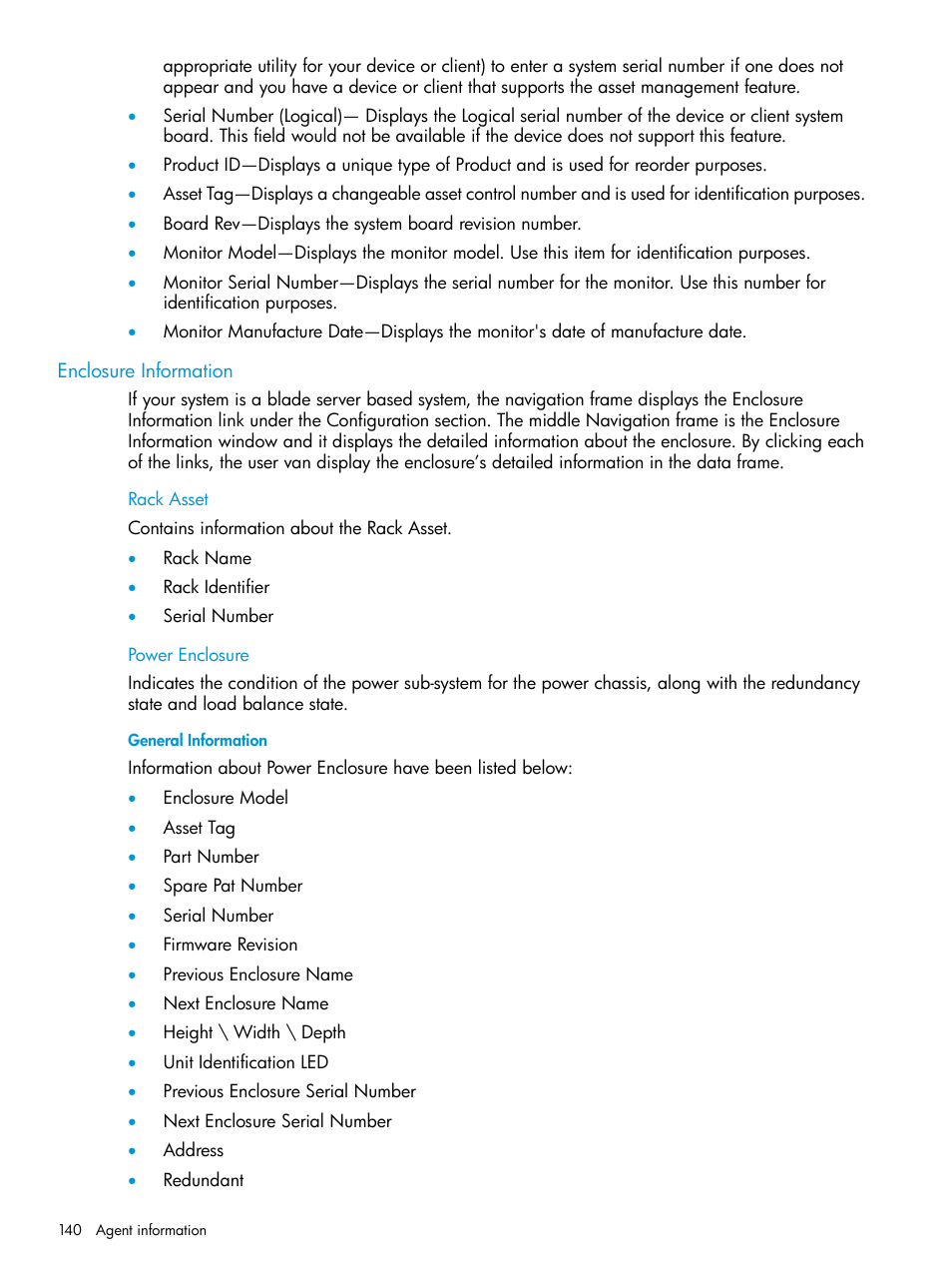 Enclosure information, Rack asset, Power enclosure | General information, Rack asset power enclosure | HP Insight Management Agents User Manual | Page 140 / 175