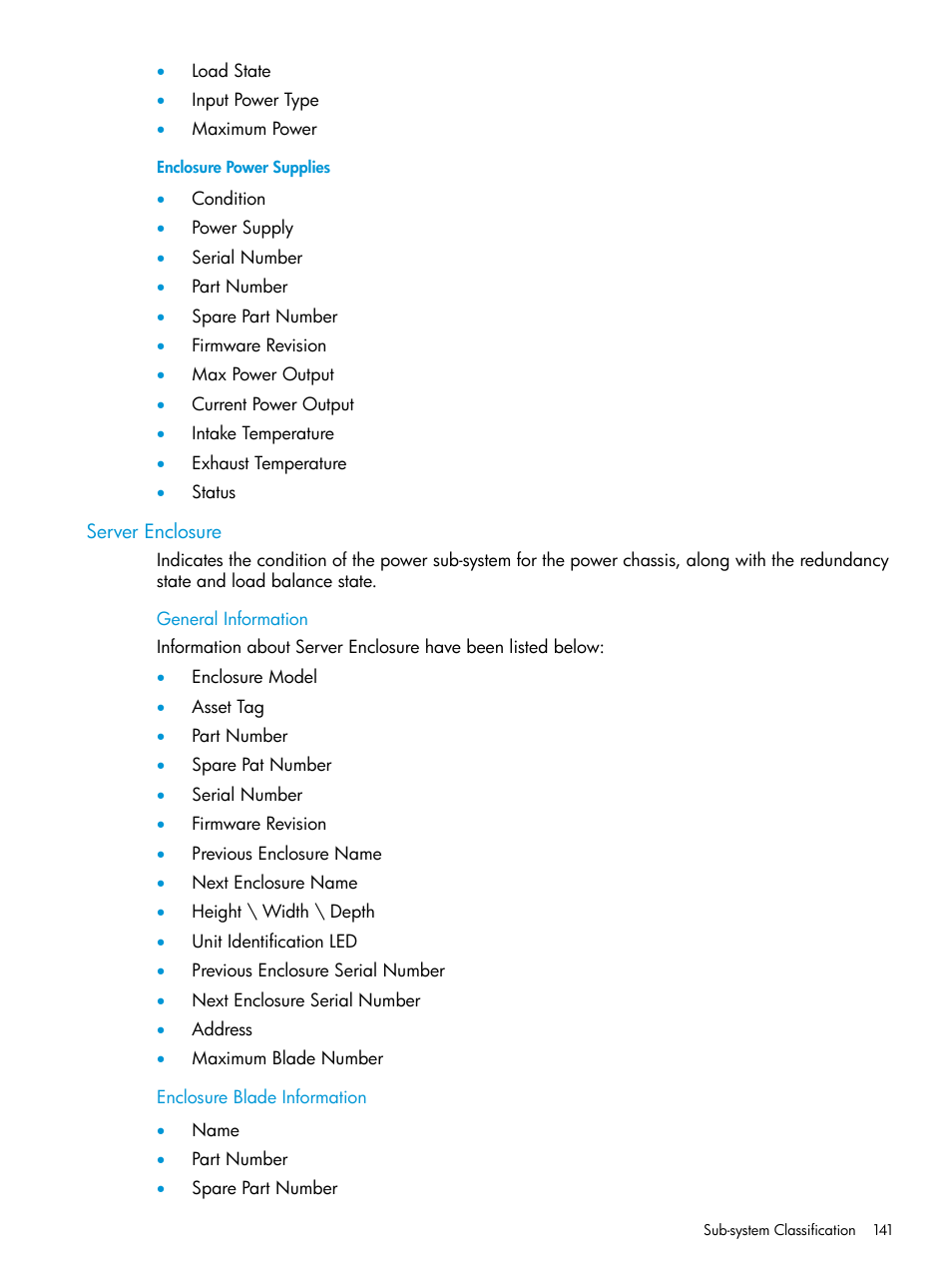 Enclosure power supplies, Server enclosure, General information | Enclosure blade information, General information enclosure blade information | HP Insight Management Agents User Manual | Page 141 / 175