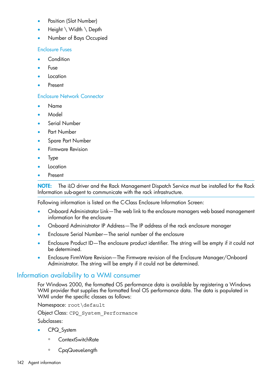 Enclosure fuses, Enclosure network connector, Information availability to a wmi consumer | Enclosure fuses enclosure network connector | HP Insight Management Agents User Manual | Page 142 / 175