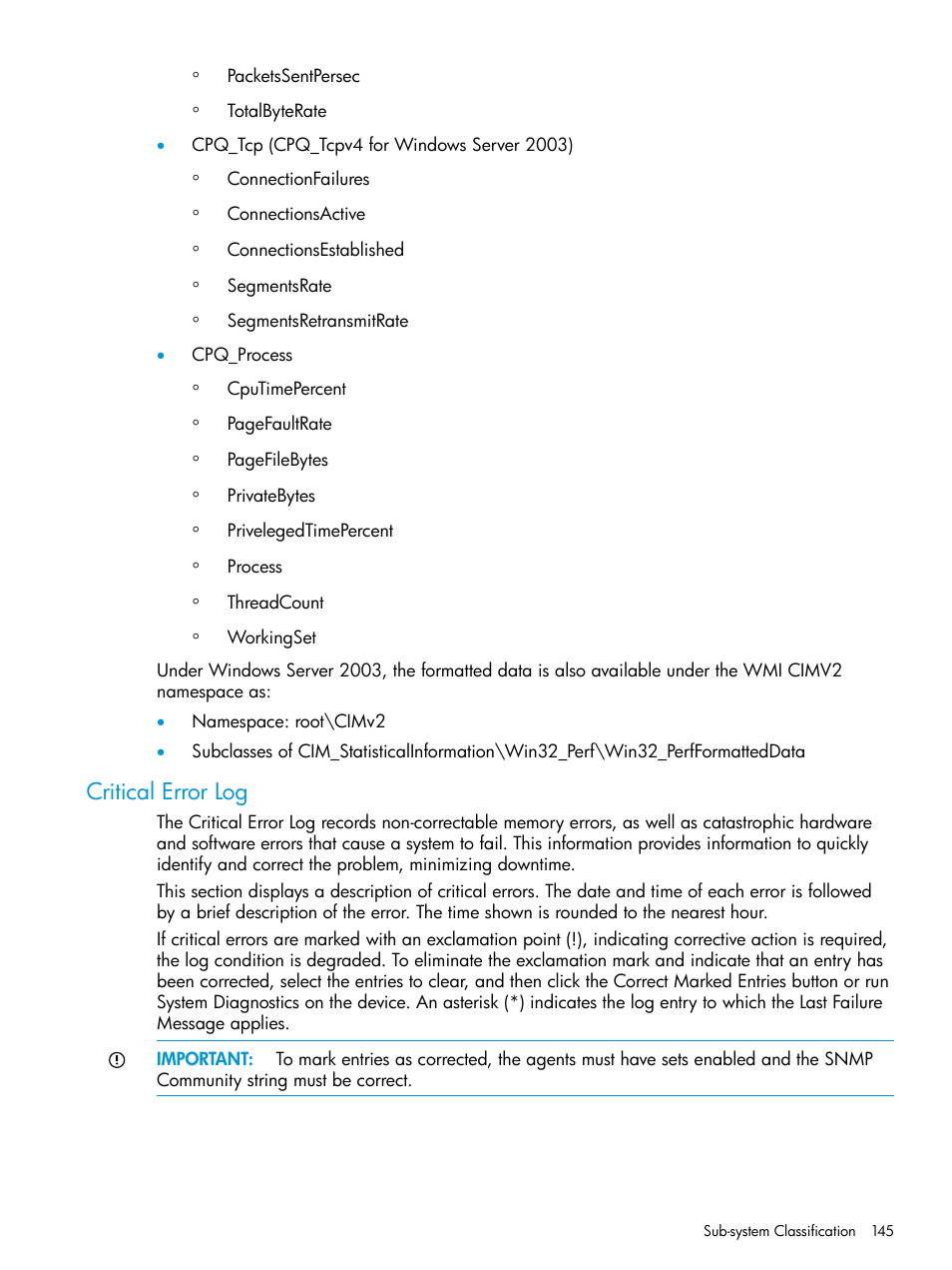 Critical error log | HP Insight Management Agents User Manual | Page 145 / 175