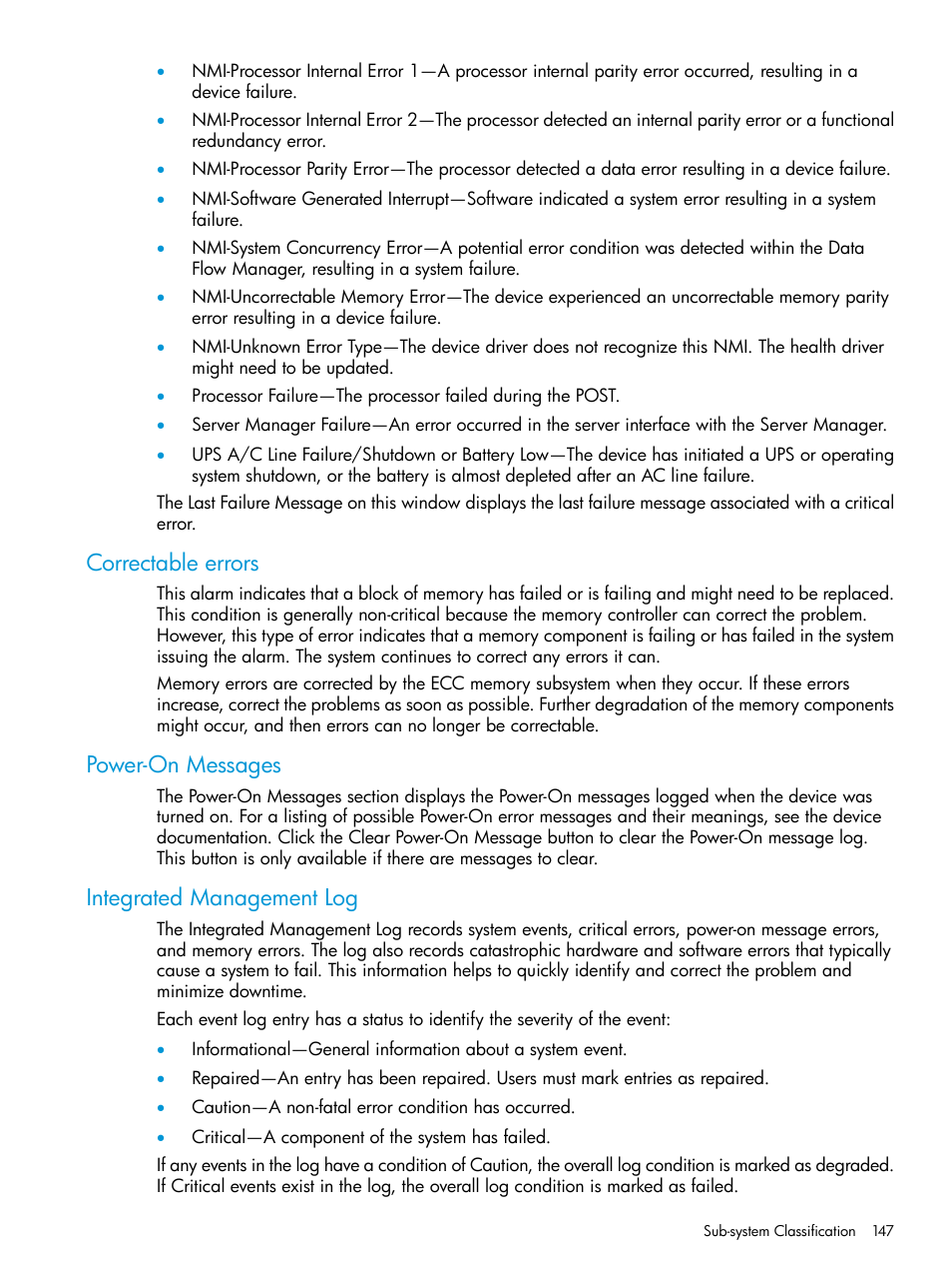 Correctable errors, Power-on messages, Integrated management log | HP Insight Management Agents User Manual | Page 147 / 175