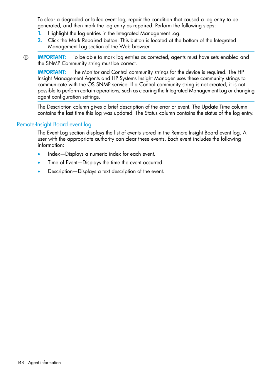 Remote-insight board event log | HP Insight Management Agents User Manual | Page 148 / 175