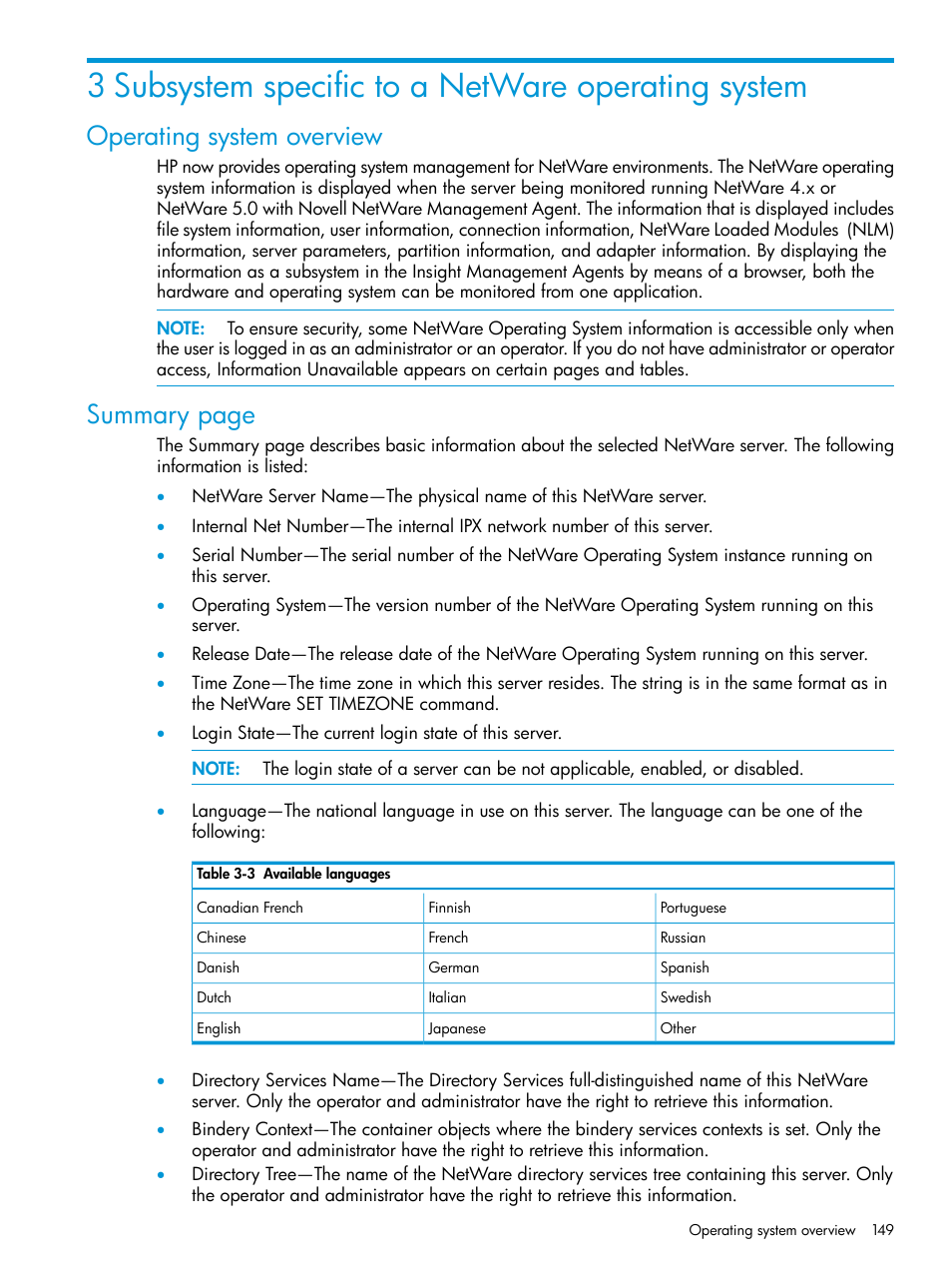 3 subsystem specific to a netware operating system, Operating system overview, Summary page | HP Insight Management Agents User Manual | Page 149 / 175