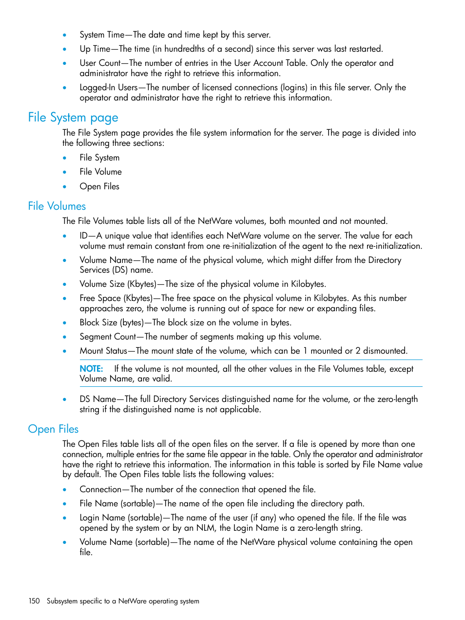 File volumes, Open files, File volumes open files | File system page | HP Insight Management Agents User Manual | Page 150 / 175