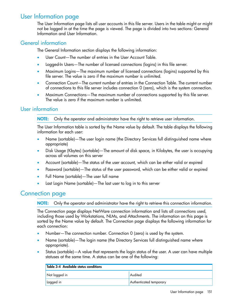 General information, User information, General information user information | User information page, Connection page | HP Insight Management Agents User Manual | Page 151 / 175