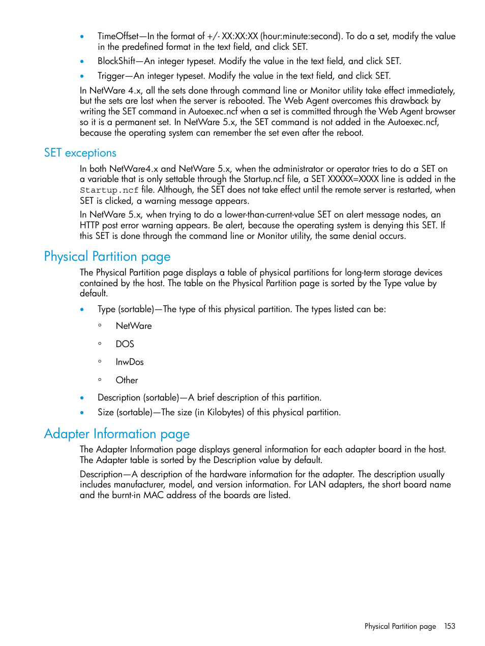 Set exceptions, Physical partition page, Adapter information page | HP Insight Management Agents User Manual | Page 153 / 175