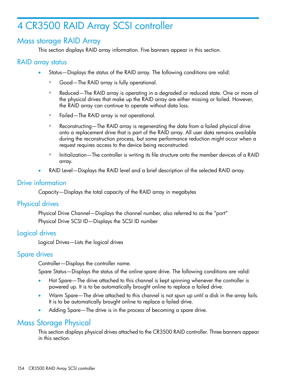 4 cr3500 raid array scsi controller, Mass storage raid array, Raid array status | Drive information, Physical drives, Logical drives, Spare drives, Mass storage physical | HP Insight Management Agents User Manual | Page 154 / 175