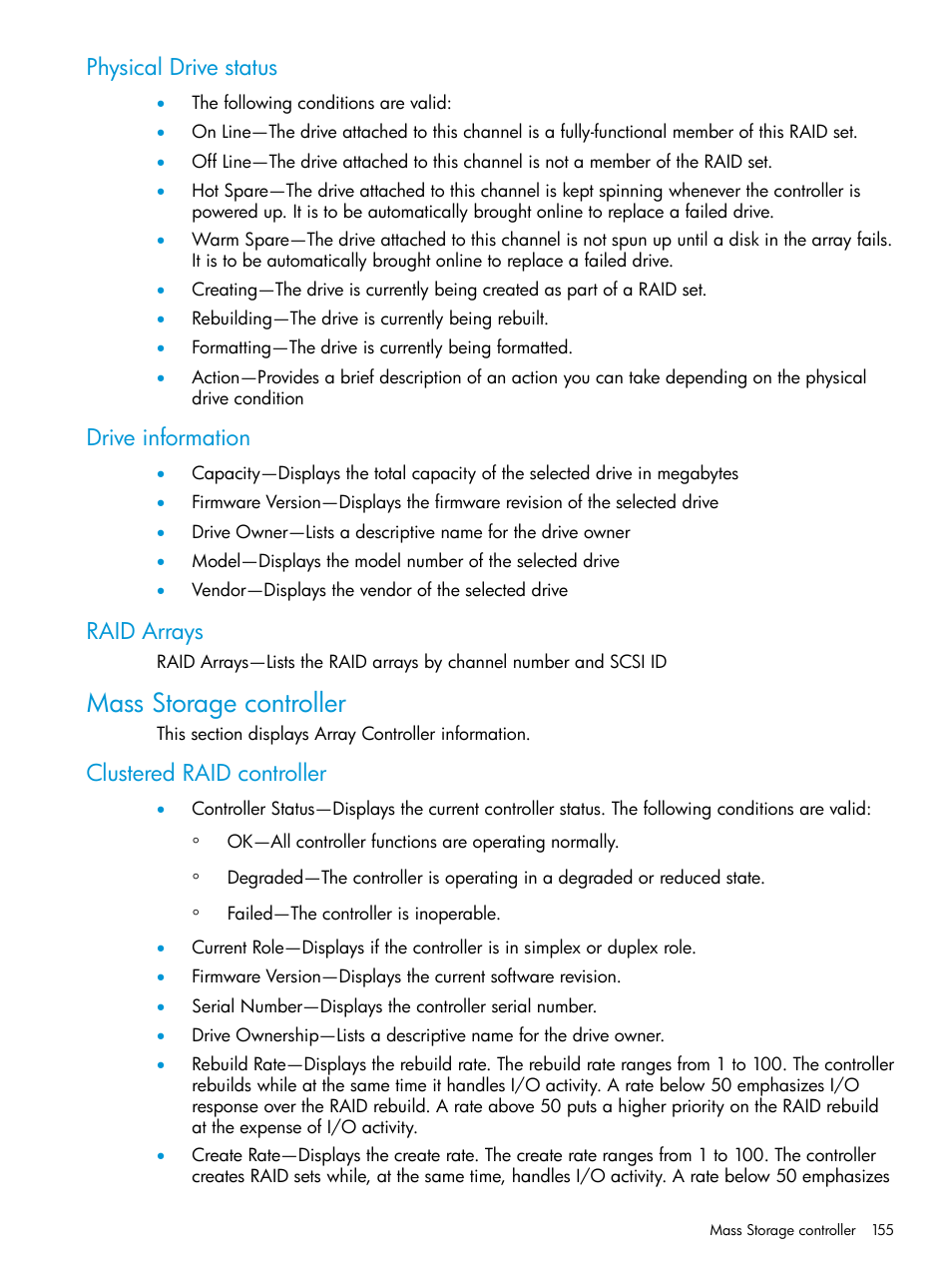 Physical drive status, Drive information, Raid arrays | Mass storage controller, Clustered raid controller | HP Insight Management Agents User Manual | Page 155 / 175