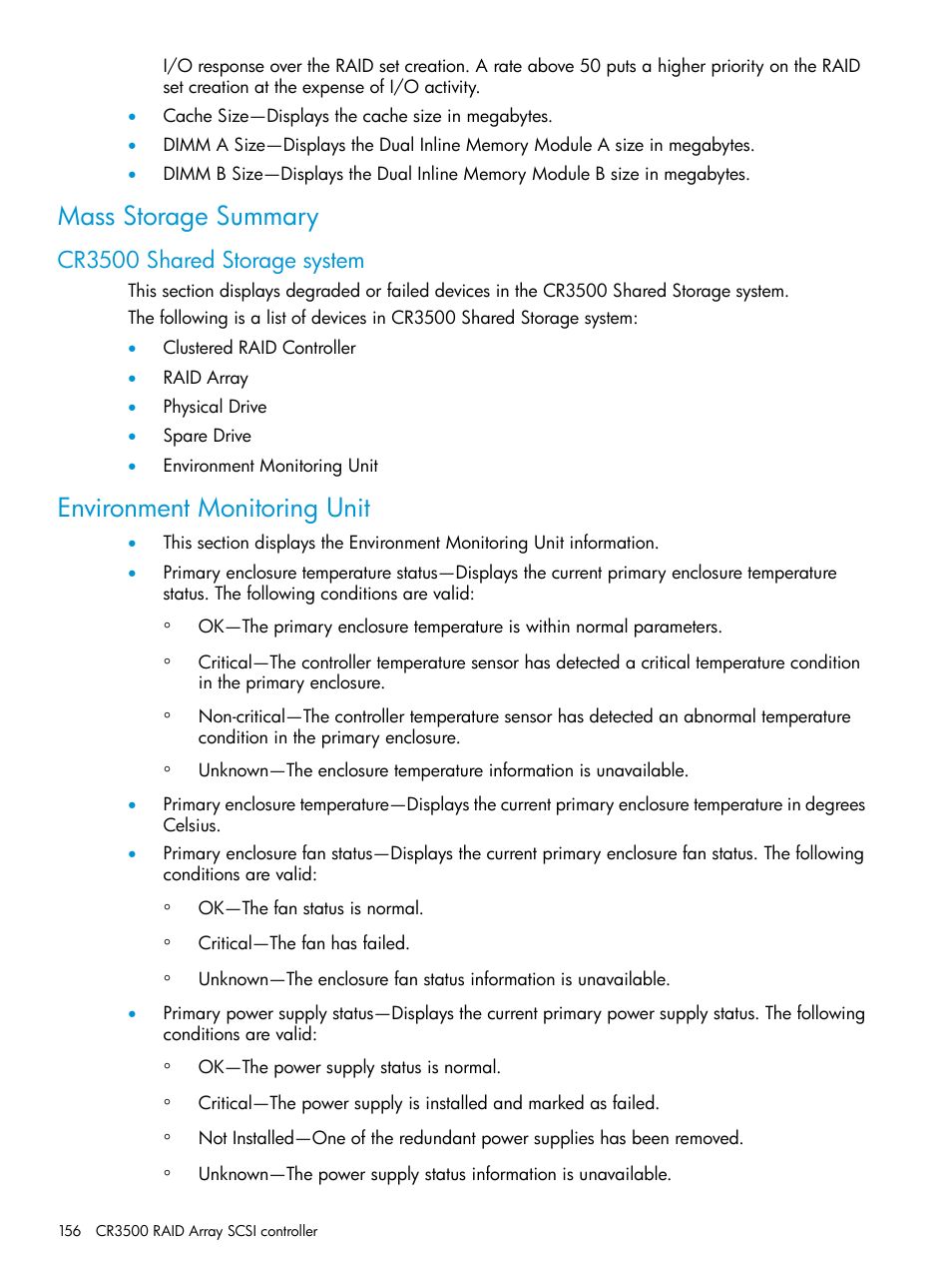 Mass storage summary, Cr3500 shared storage system, Environment monitoring unit | HP Insight Management Agents User Manual | Page 156 / 175