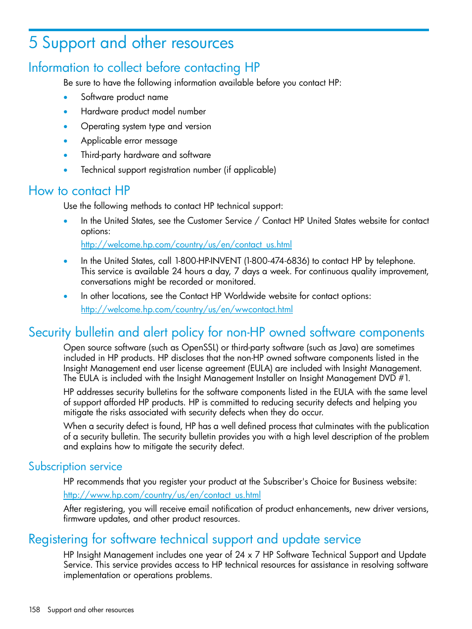 5 support and other resources, Information to collect before contacting hp, How to contact hp | Subscription service | HP Insight Management Agents User Manual | Page 158 / 175