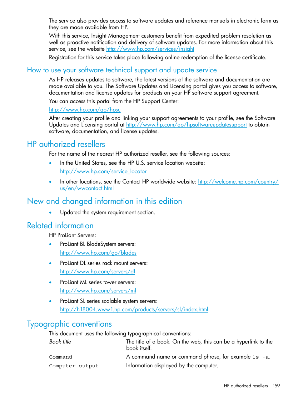 Hp authorized resellers, New and changed information in this edition, Related information | Typographic conventions | HP Insight Management Agents User Manual | Page 159 / 175