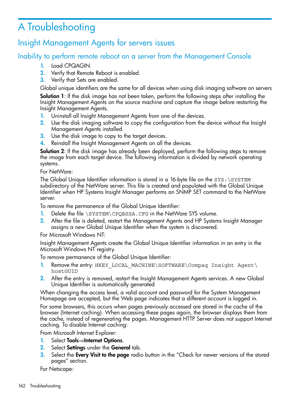 A troubleshooting, Insight management agents for servers issues | HP Insight Management Agents User Manual | Page 162 / 175