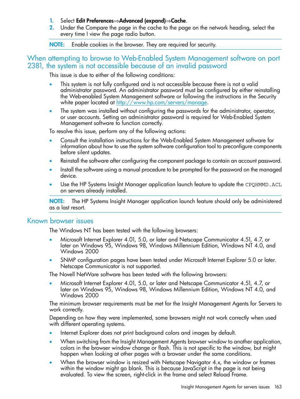 Known browser issues | HP Insight Management Agents User Manual | Page 163 / 175