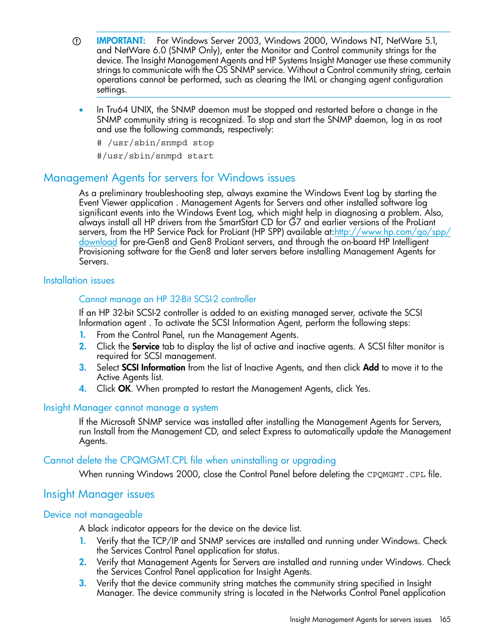 Management agents for servers for windows issues, Installation issues, Cannot manage an hp 32‑bit scsi‑2 controller | Insight manager cannot manage a system, Insight manager issues, Device not manageable, Cannot manage an hp 32-bit scsi-2 controller | HP Insight Management Agents User Manual | Page 165 / 175