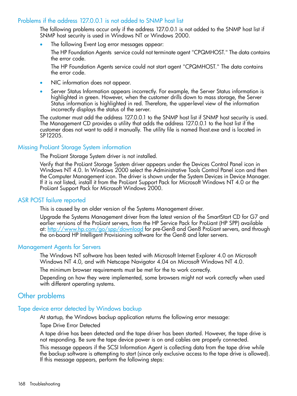 Missing proliant storage system information, Asr post failure reported, Management agents for servers | Other problems, Tape device error detected by windows backup | HP Insight Management Agents User Manual | Page 168 / 175