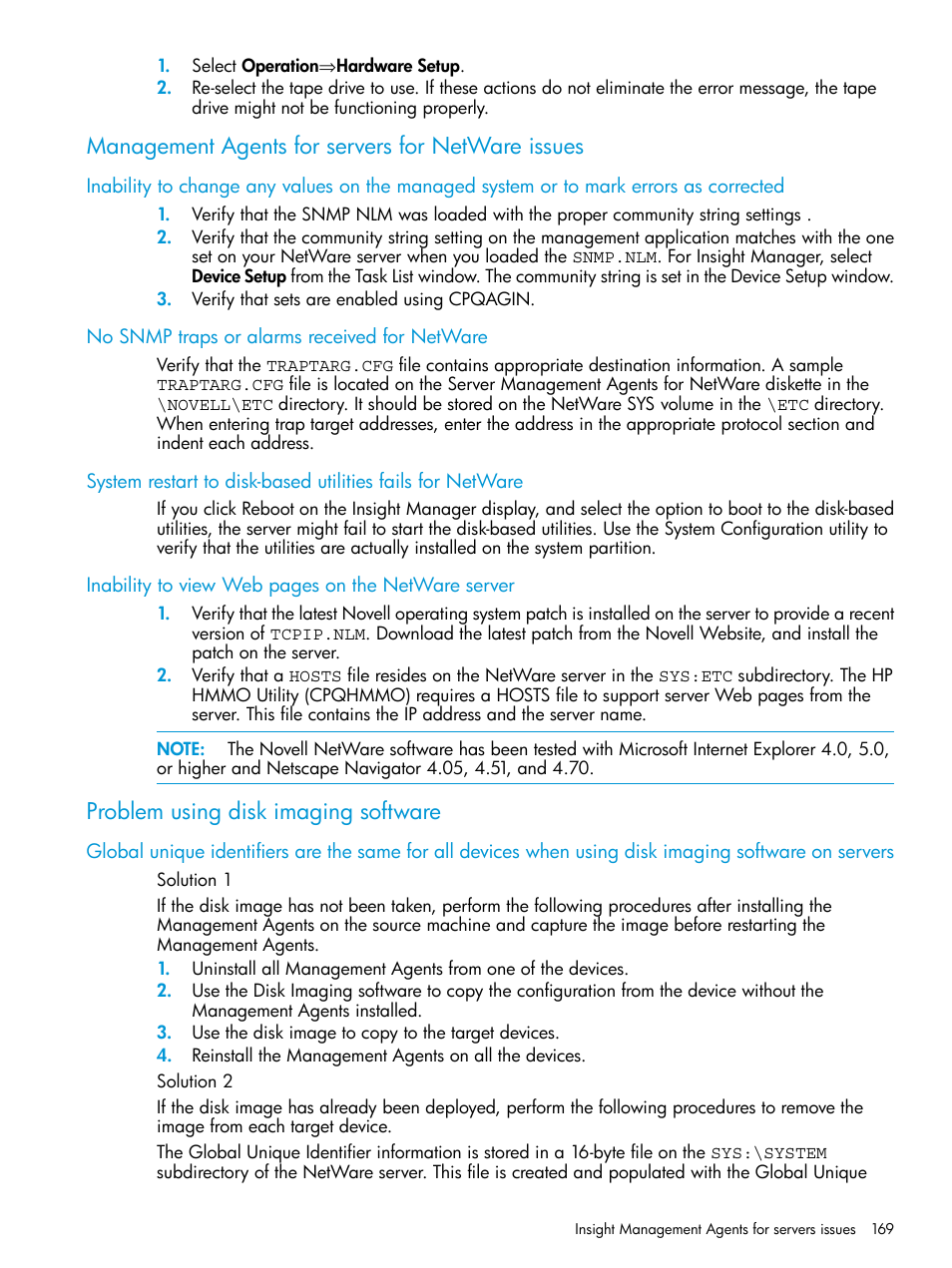 Management agents for servers for netware issues, No snmp traps or alarms received for netware, Problem using disk imaging software | HP Insight Management Agents User Manual | Page 169 / 175