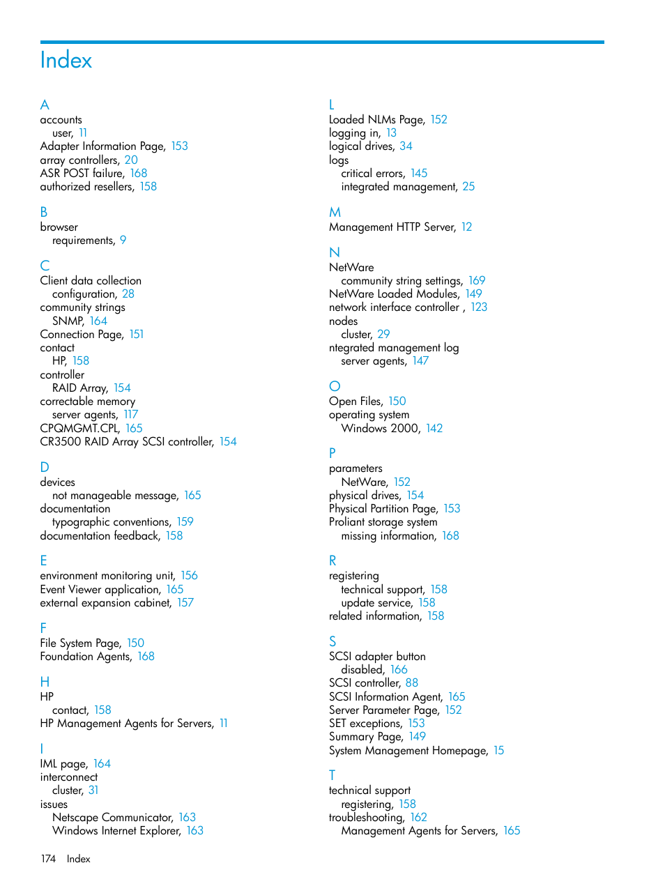 Index | HP Insight Management Agents User Manual | Page 174 / 175