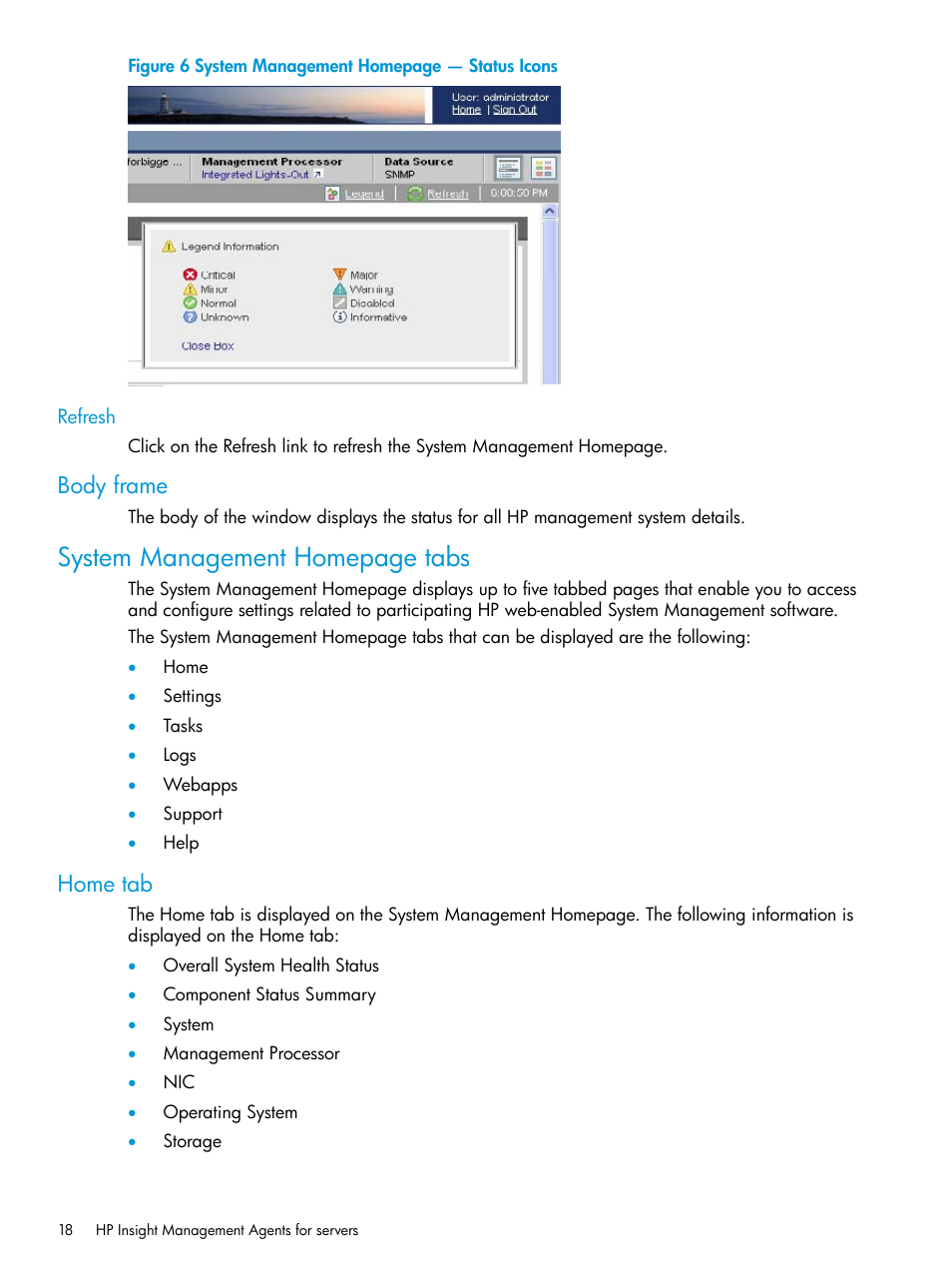 Refresh, Body frame, Home tab | System management homepage tabs | HP Insight Management Agents User Manual | Page 18 / 175