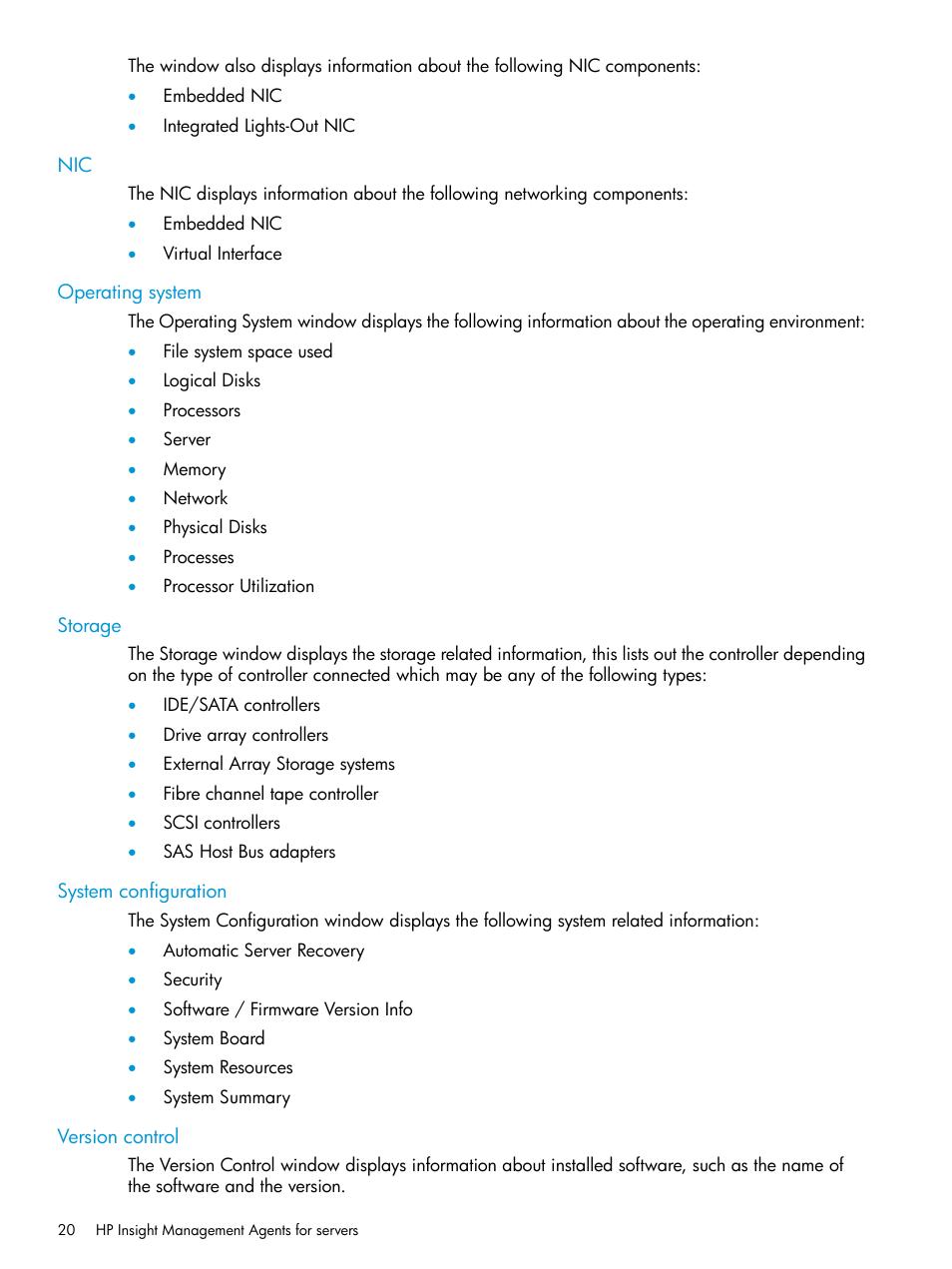 Operating system, Storage, System configuration | Version control | HP Insight Management Agents User Manual | Page 20 / 175