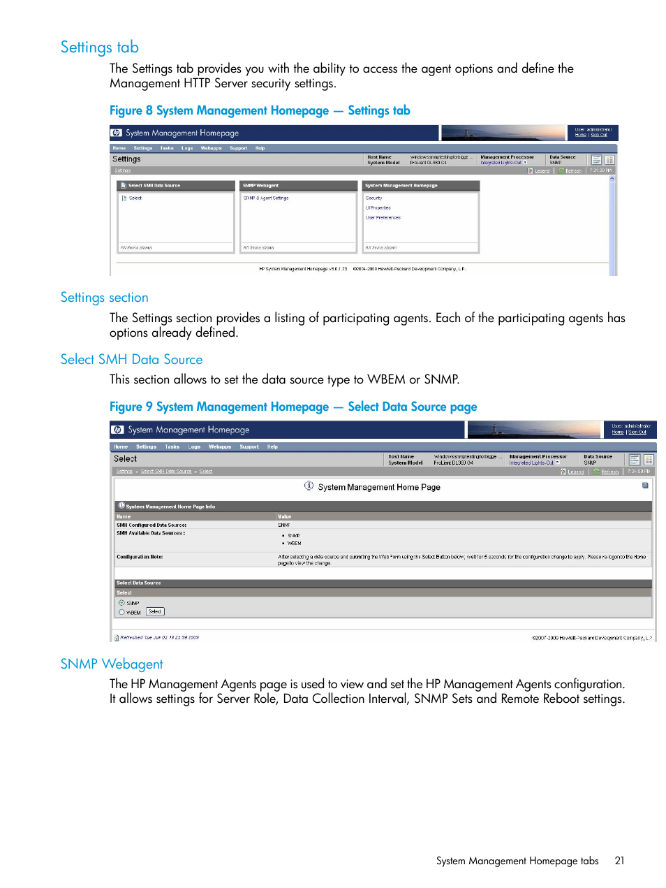 Settings tab, Settings section, Select smh data source | Snmp webagent | HP Insight Management Agents User Manual | Page 21 / 175