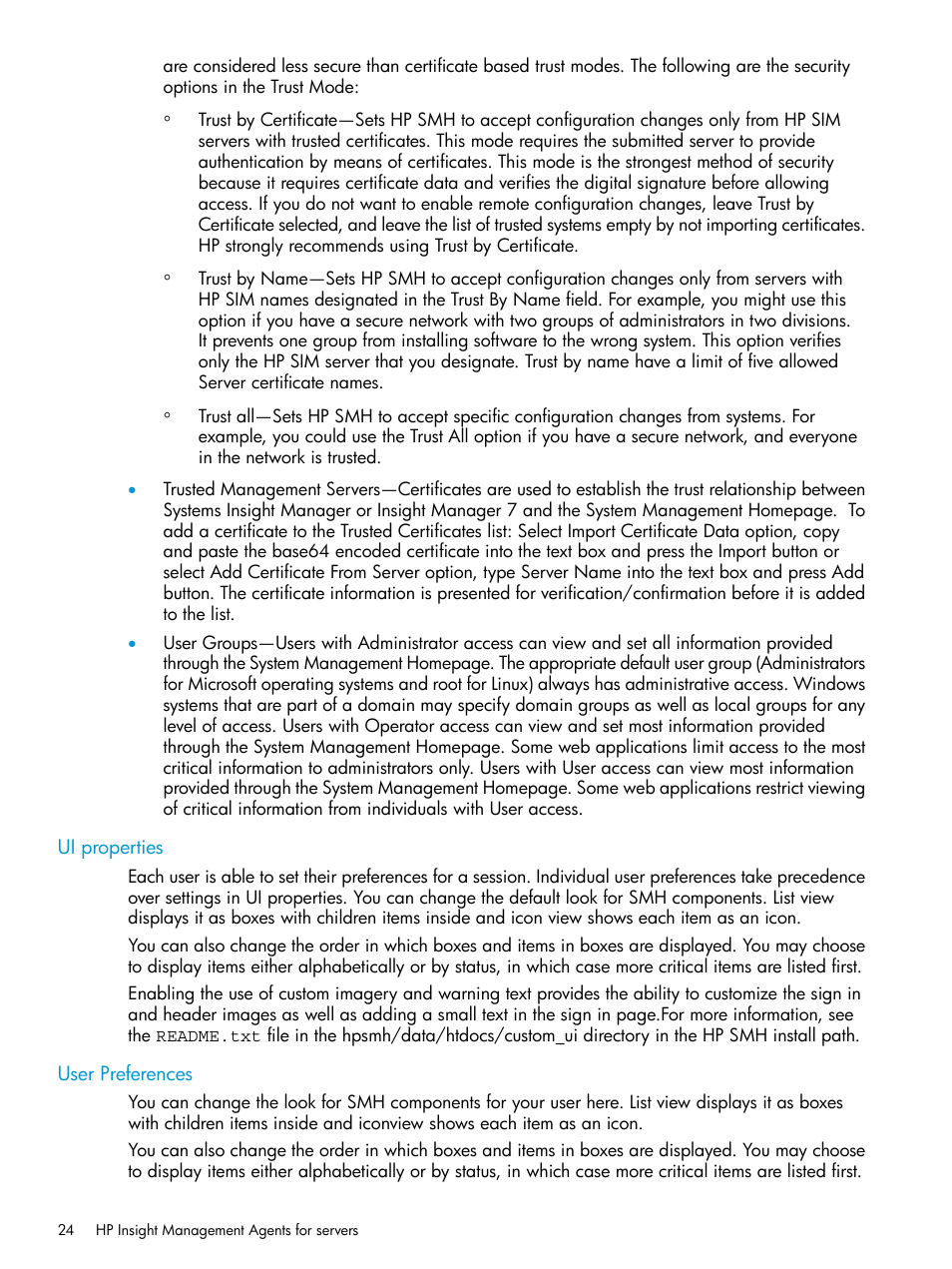 Ui properties, User preferences | HP Insight Management Agents User Manual | Page 24 / 175