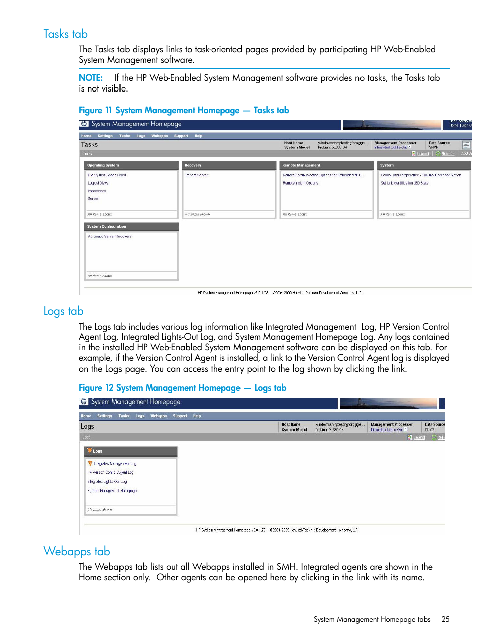 Tasks tab, Logs tab, Webapps tab | Tasks tab logs tab webapps tab | HP Insight Management Agents User Manual | Page 25 / 175