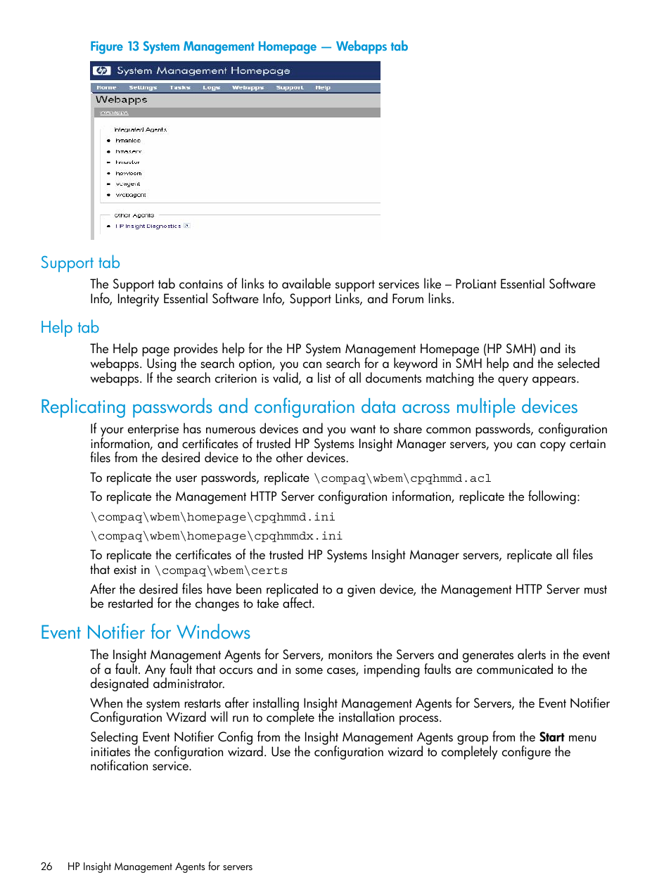 Support tab, Help tab, Event notifier for windows | Support tab help tab | HP Insight Management Agents User Manual | Page 26 / 175