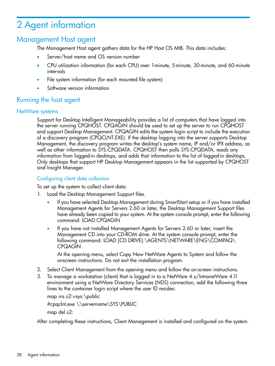 2 agent information, Management host agent, Running the host agent | Netware systems, Configuring client data collection | HP Insight Management Agents User Manual | Page 28 / 175