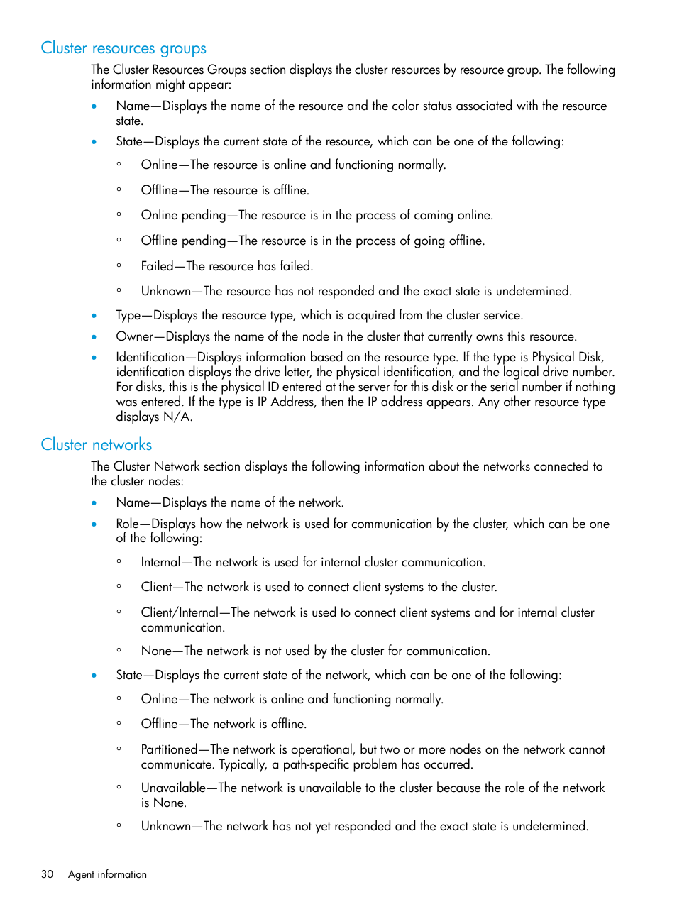 Cluster resources groups, Cluster networks, Cluster resources groups cluster networks | HP Insight Management Agents User Manual | Page 30 / 175