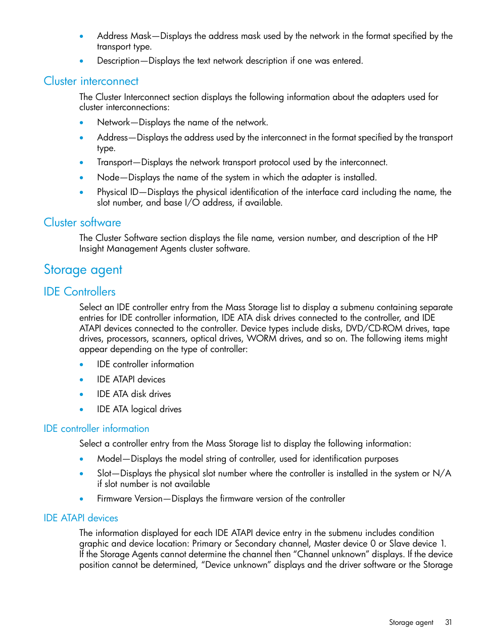 Cluster interconnect, Cluster software, Storage agent | Ide controllers, Ide controller information, Ide atapi devices, Cluster interconnect cluster software, Ide controller information ide atapi devices | HP Insight Management Agents User Manual | Page 31 / 175