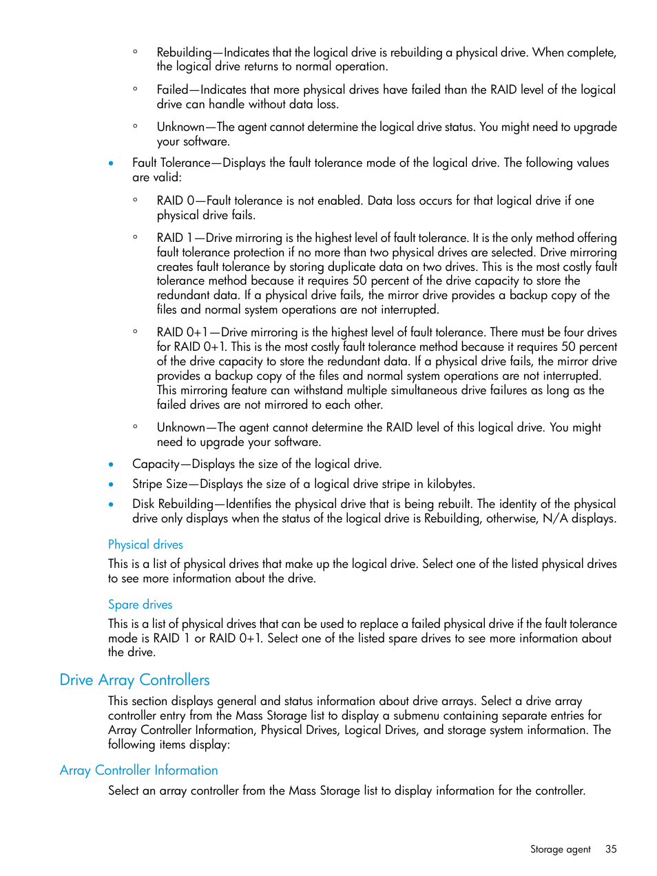 Physical drives, Spare drives, Drive array controllers | Array controller information, Physical drives spare drives | HP Insight Management Agents User Manual | Page 35 / 175