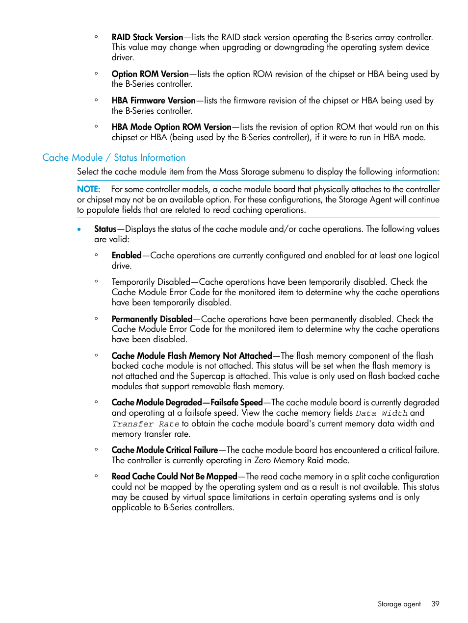 Cache module / status information | HP Insight Management Agents User Manual | Page 39 / 175