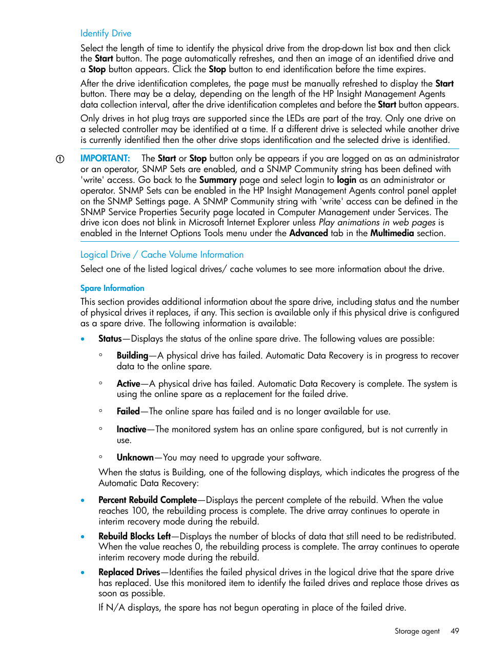 Identify drive, Logical drive / cache volume information, Spare information | HP Insight Management Agents User Manual | Page 49 / 175