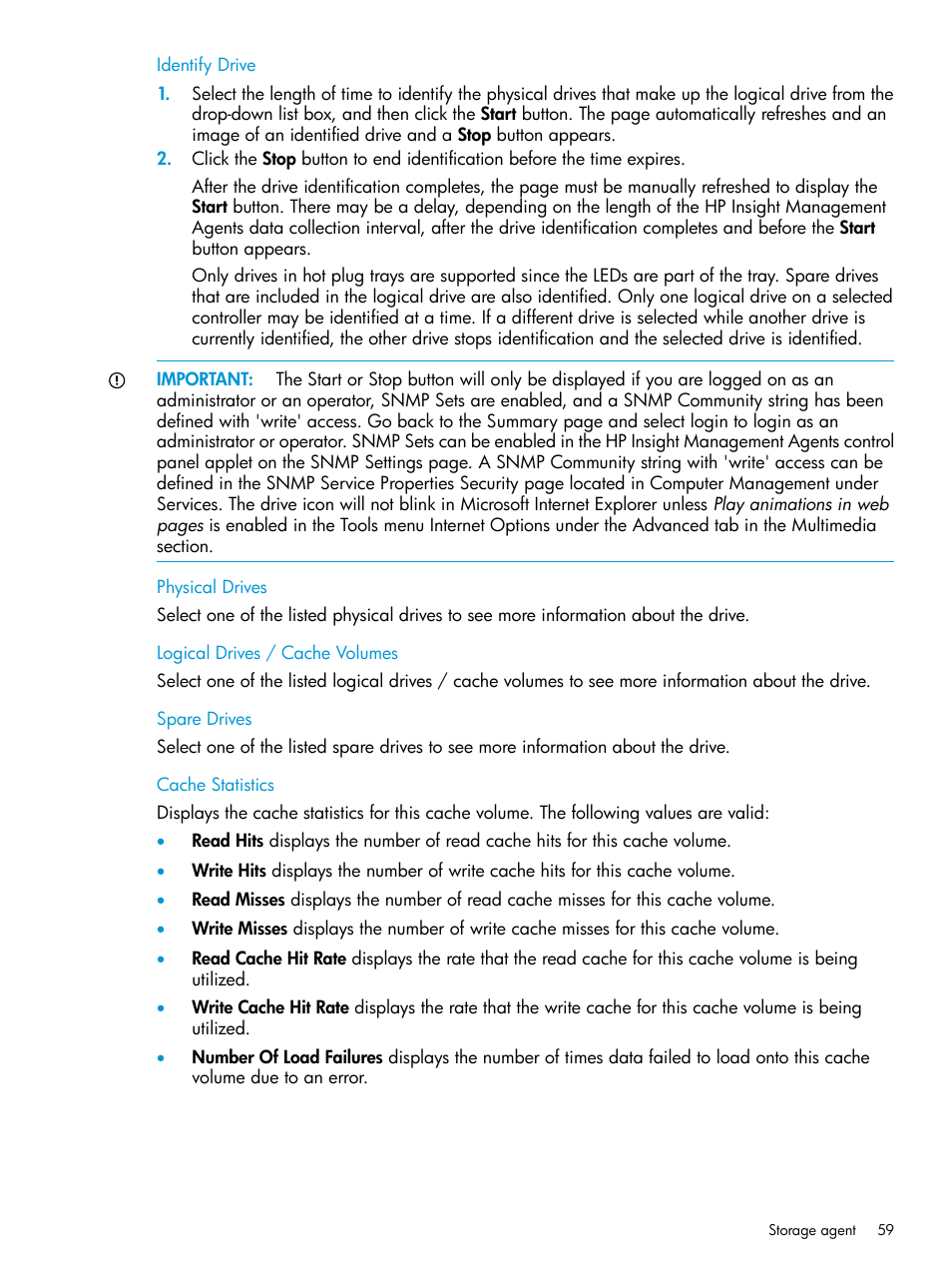 Identify drive, Physical drives, Logical drives / cache volumes | Spare drives, Cache statistics | HP Insight Management Agents User Manual | Page 59 / 175