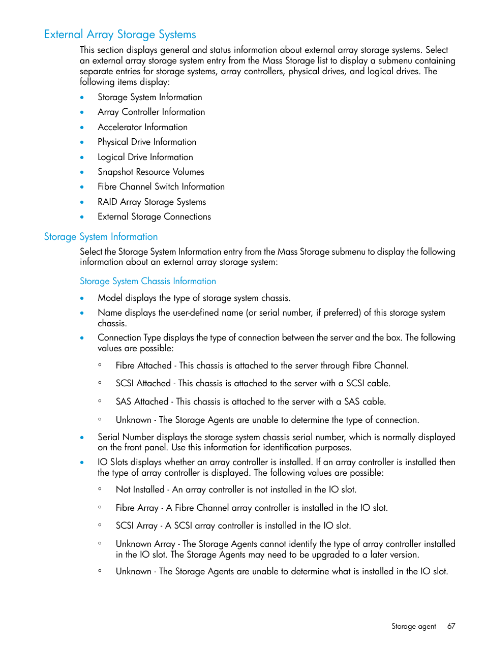 External array storage systems, Storage system information, Storage system chassis information | HP Insight Management Agents User Manual | Page 67 / 175