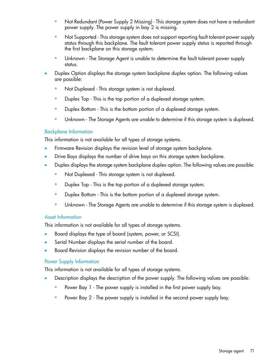 Backplane information, Asset information, Power supply information | HP Insight Management Agents User Manual | Page 71 / 175