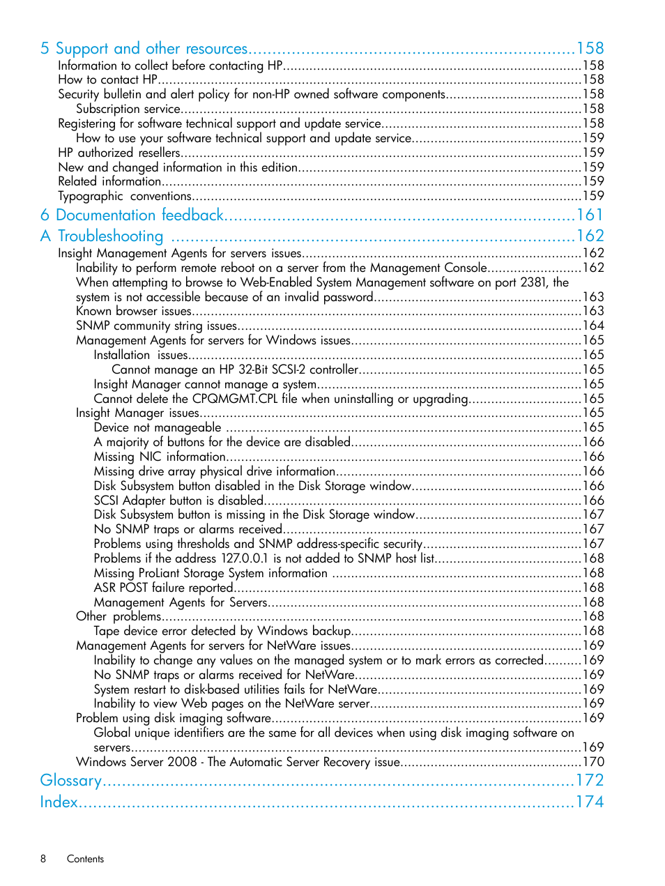 5 support and other resources, 6 documentation feedback a troubleshooting, Glossary index | HP Insight Management Agents User Manual | Page 8 / 175