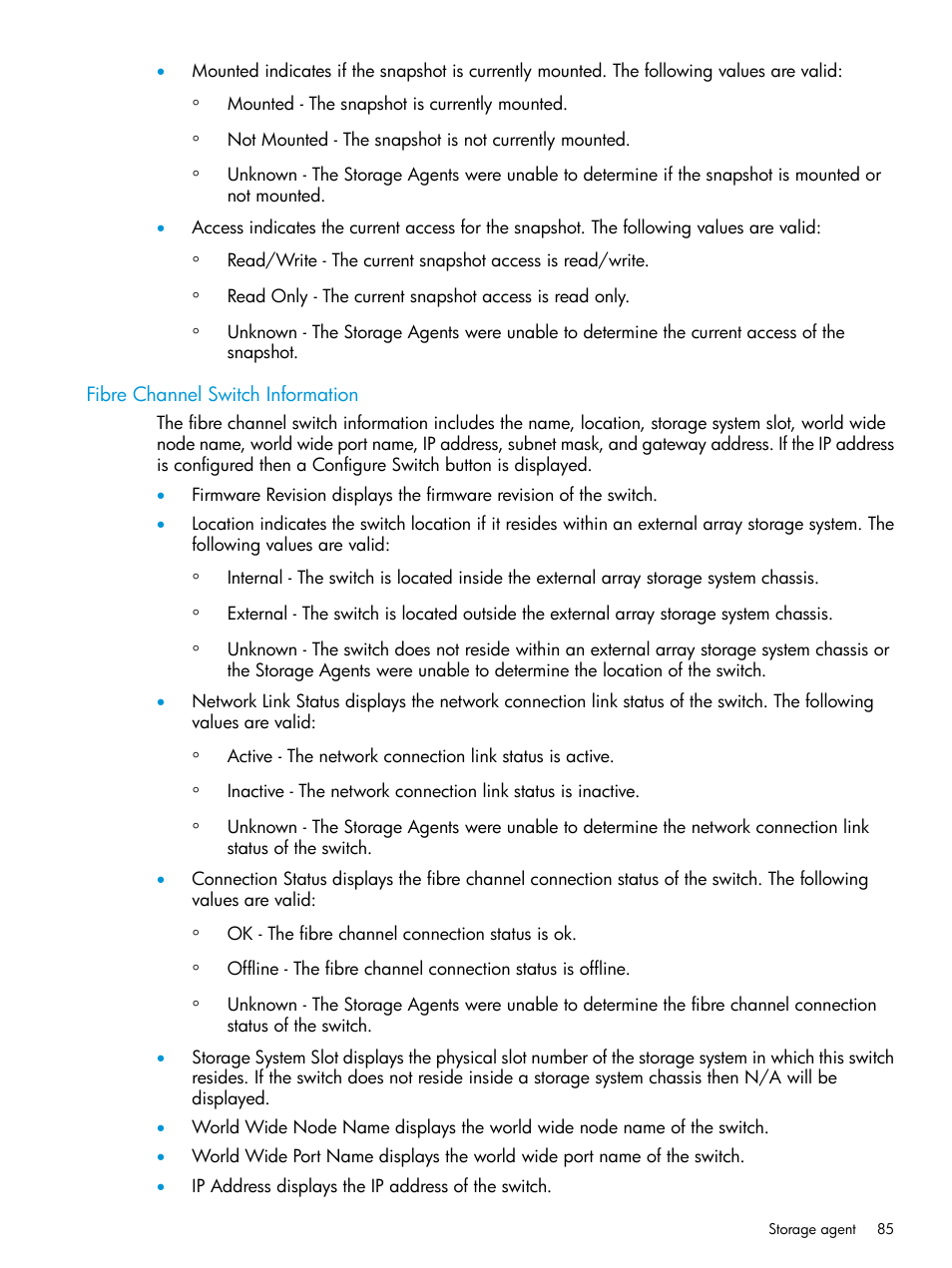 Fibre channel switch information | HP Insight Management Agents User Manual | Page 85 / 175